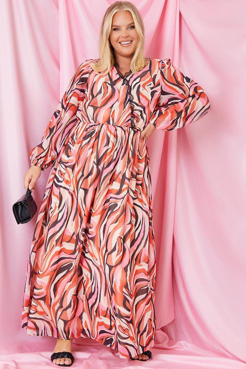Abstract Print V Wrap Lace Trim Maxi Dress - InTheStyle