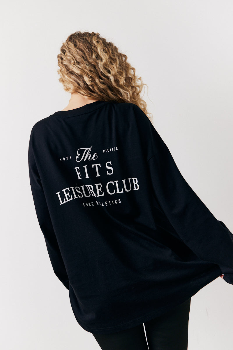Black Fits Leisure Club Graphic Oversized Long Sleeve T-Shirt