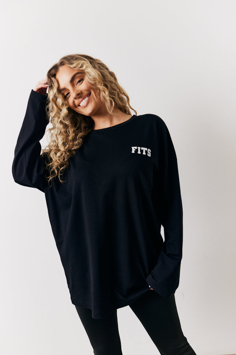 Black Fits Leisure Club Graphic Oversized Long Sleeve T-Shirt