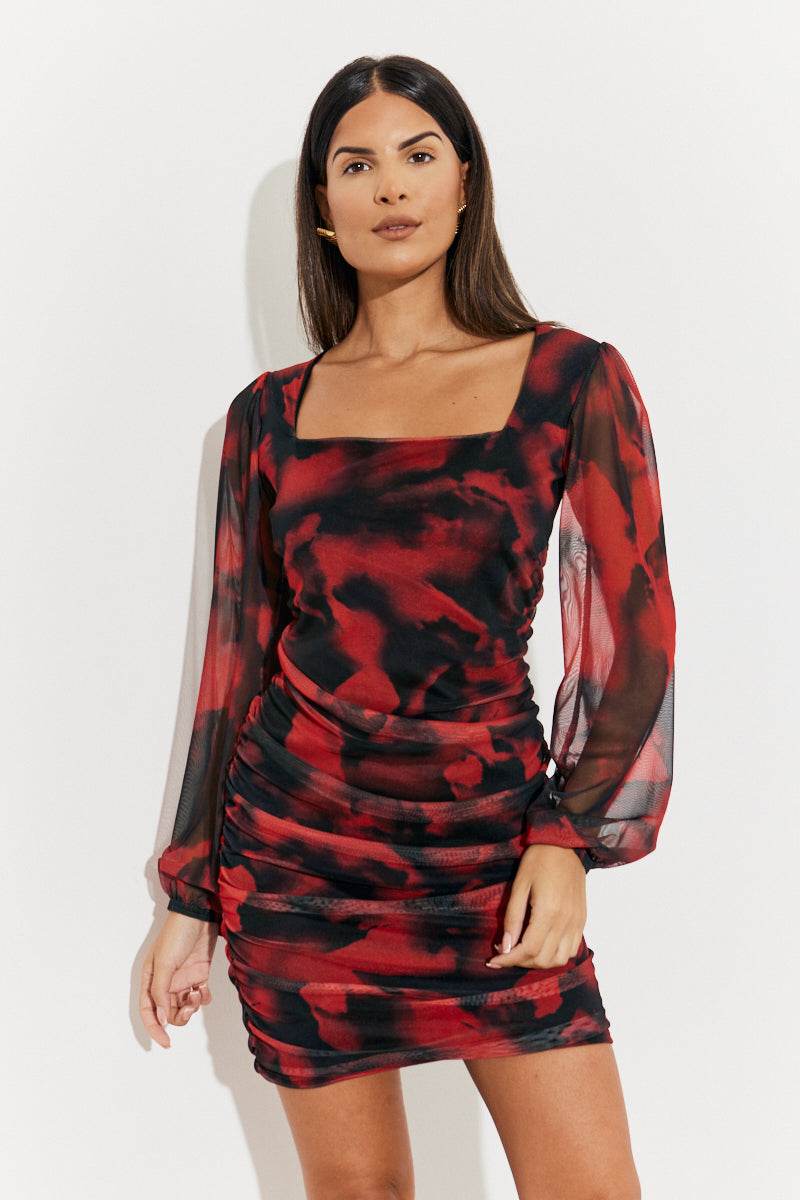 Abstract Print Ruched Mesh Mini Dress - InTheStyle