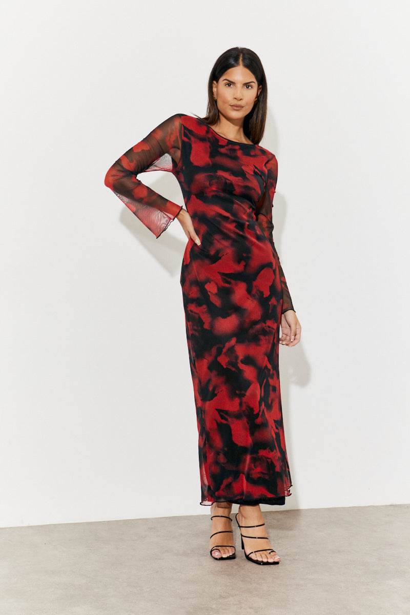 Abstract Print Mesh Open Back Detail Maxi Dress - InTheStyle