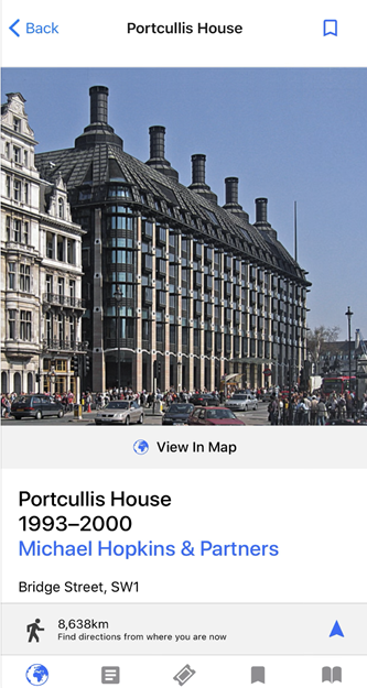 A screenshot of the London Architecture Guide app showing Portcullis House with information about it below